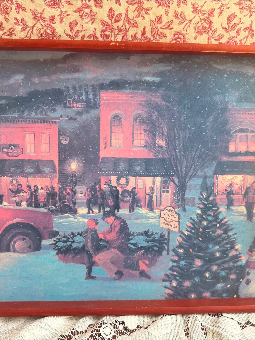 Vintage Hallmark Red Holiday Serving Tray with Vintage Winter Scene - Picture 3 of 6